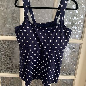 Lands End Tankini Top Swimsuit Navy White Polka Dots Sz L (14-16) D Padded Bra